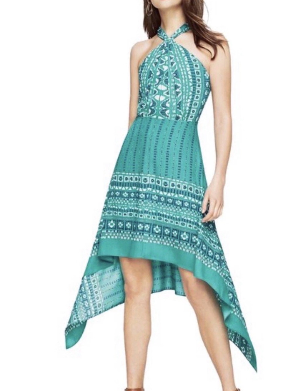 BCBG Teal Halter High-Low Printed Dress